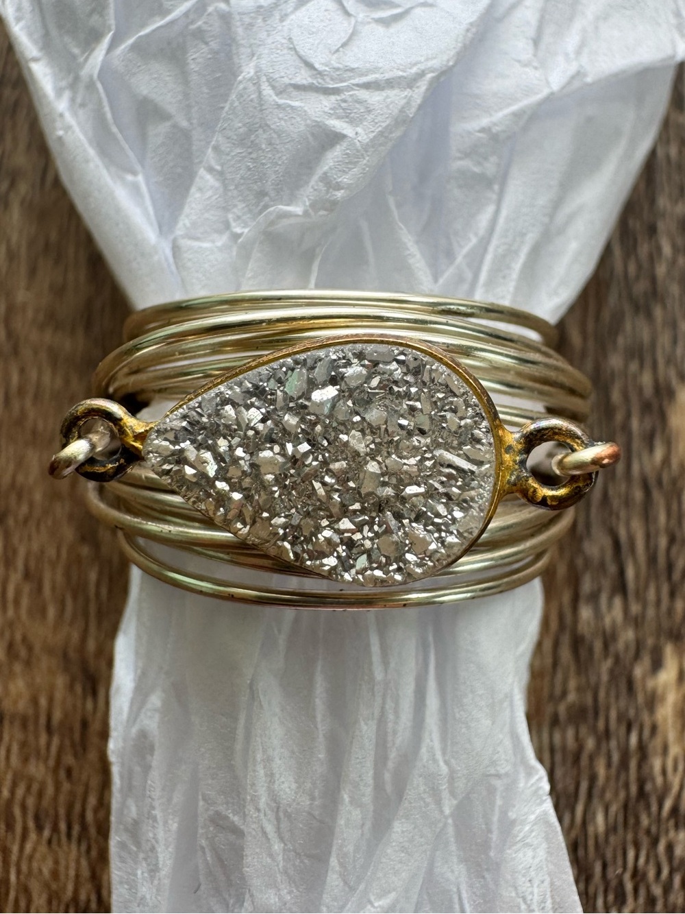 Gold-Tone Druzy Teardrop Ring - Sparkling Silver Accent